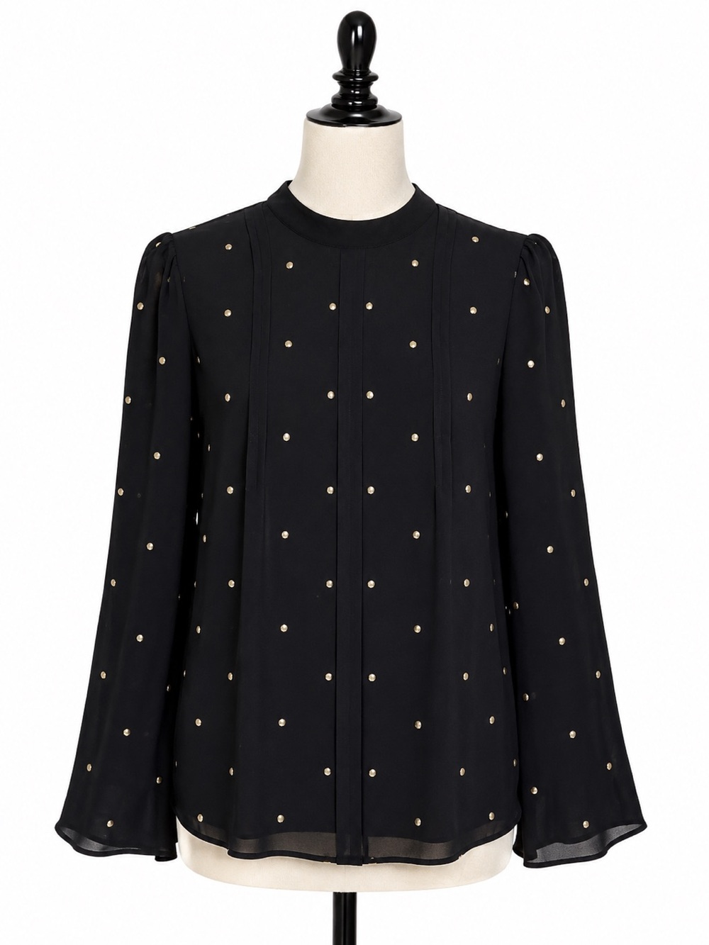 Ann Taylor Black Blouse Size S Gold Studs Front & Sleeves Tie Cuff Keyhole Back